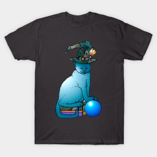 Blue witches cat with crystal ball and books T-Shirt